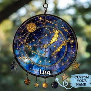 Celestial Star Map Acrylic Suncatcher – Constellation Chart Faux Stained Glass Acrylic Window Hanging With Moon & Planets