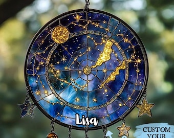 Celestial Star Map Acrylic Suncatcher – Constellation Chart Faux Stained Glass Acrylic Window Hanging With Moon & Planets