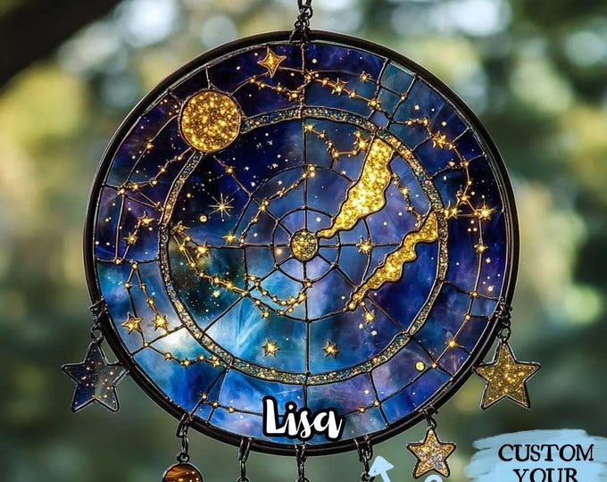 Celestial Star Map Acrylic Suncatcher – Constellation Chart Faux Stained Glass Acrylic Window Hanging With Moon & Planets