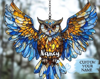 Owl ACRYLIC Faux Stained Glass Suncatcher – Window Hanging Decor, Blue and Gold Bird Ornament, Gift for Owl Lovers