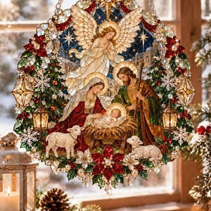 May include: A circular stained-glass style hanging ornament featuring a nativity scene with Mary, Joseph, and the infant Jesus in a manger. An angel hovers above, surrounded by poinsettias, pine branches, lanterns, and snowflakes in red, green, and gold.