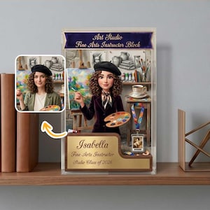 May include: A personalized art studio block featuring a cartoon illustration of a female artist holding a paintbrush and palette. The block includes the text "Art Studio Fine Arts Instructor Block" and the name "Isabella" with "Fine Arts Instructor Studio Class of 2026".