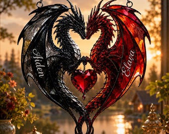 Personalized Dragon Couple Acrylic Suncatcher, Faux Stained Glass Dragon Heart Window Hanging, Custom Anniversary Gift