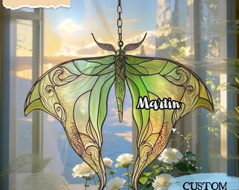 Green Luna Moth Faux Stained Glass Suncatcher - Acrylic Butterfly Window Hanging, Nature Lover Gift For Boho Garden Decor