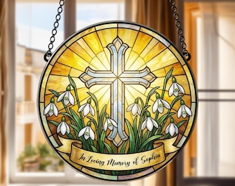 Personalized In Loving Memory Cross Acrylic Suncatcher - Faux Stained Glass Memorial Window Hanging Decor