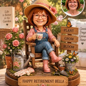 May include: A custom bobblehead figurine of a person with reddish-brown hair and glasses, wearing a straw hat, pink shirt, and blue overalls, sitting in a wooden rocking chair. The base features the text HAPPY RETIREMENT BELLA with garden decor.