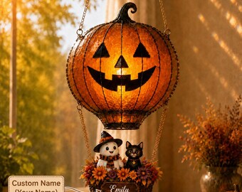 Personalized Halloween Hot Air Balloon Suncatcher, Pumpkin Jack O Lantern Window Hanging, Ghost & Black Cat Decor, Halloween Gift