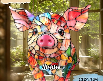 Colorful Piglet Acrylic Resin Suncatcher - Faux Stained Glass Window Hanging, Fun Gift For Animal Lover, Cute Farmhouse Decor