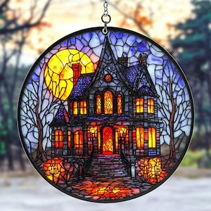 Haunted House Faux Stained Glass ACRYLIC Suncatcher, Spooky Window Hanging Halloween Decor Gift for Gothic or Horror Fans
