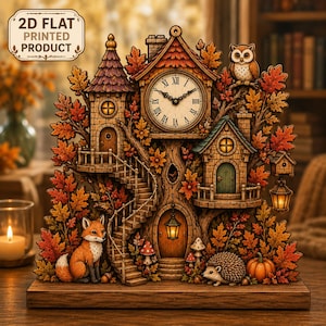 May include: A 2D flat printed product featuring a whimsical treehouse clock with Roman numerals, surrounded by autumn leaves, a fox, a hedgehog, a pumpkin, and an owl. The structure includes multiple levels, staircases, and lanterns.