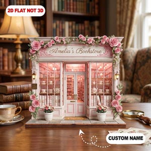 Custom Name Bookstore 2D Wooden Block - Romantic Floral Book Nook Diorama - Gift For Book Lovers