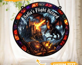 Custom Dragon Acrylic Suncatcher Faux Stained Glass Castle Fire Fantasy Window Decor Gift