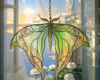 Green Luna Moth Faux Stained Glass Suncatcher - Acrylic Butterfly Window Hanging, Nature Lover Gift For Boho Garden Decor