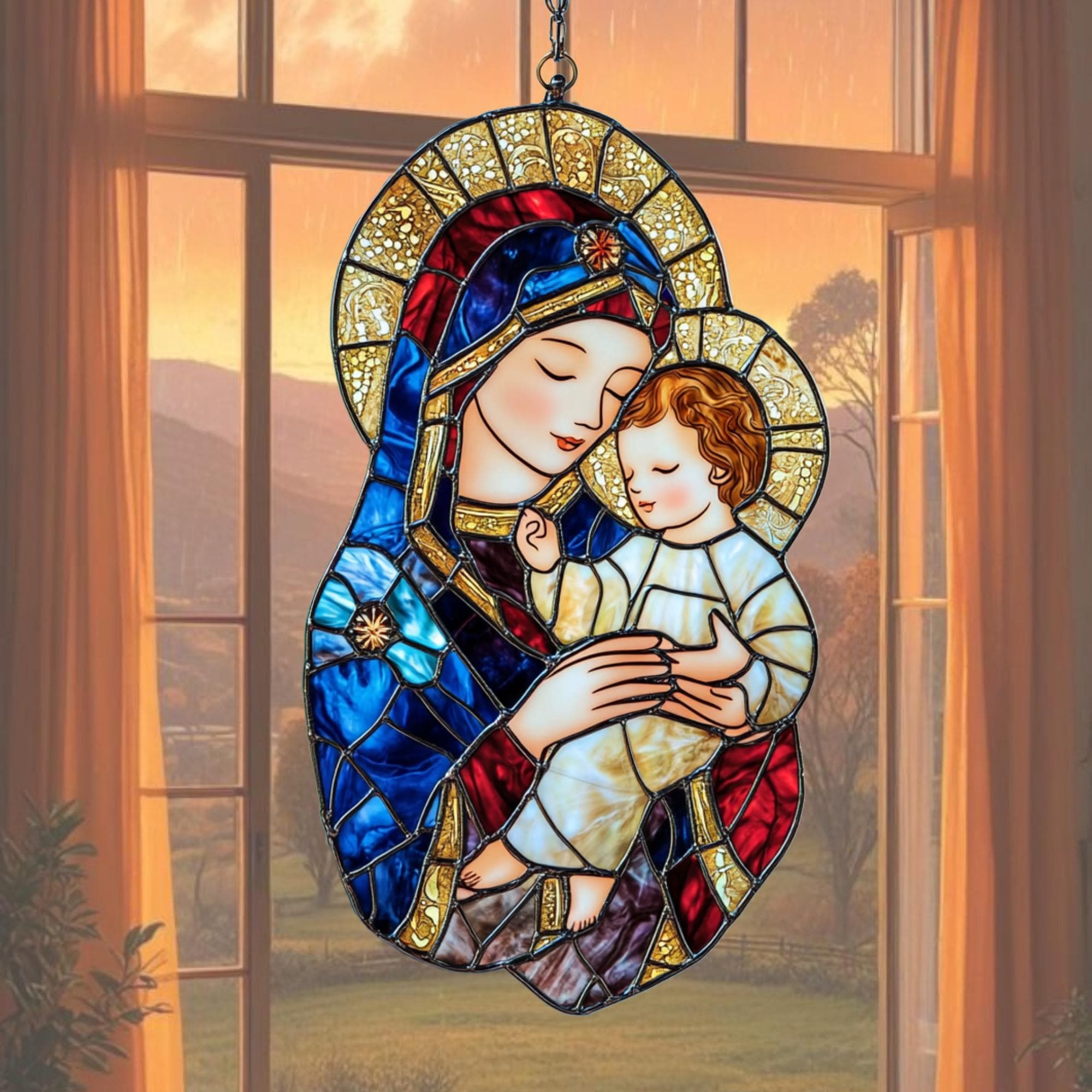 Virgin Mary and Baby Jesus Acrylic Faux Stained Glass Suncatcher Window Hanging, Catholic Gift for Her or Christmas Decor