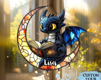 Celestial Dragon Acrylic Window Hanging – Cute Moon And Stars Faux Stained Glass Suncatcher, Reading Dragon Gift For Book Lovers