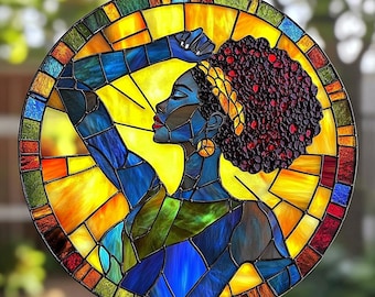 手作りステンドグラスの肖像画：アフロセントリックな女性の窓飾り