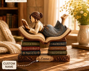Custom Name Book Lover Decor, Reading Girl Wooden Figurine, Personalized Bookshelf Decor, Bookworm Gift, Teacher Gift