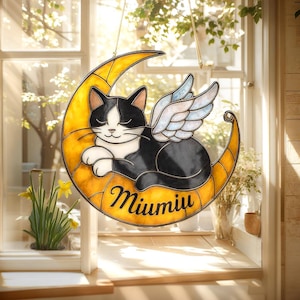 Cat Angel Acrylic Suncatcher with Wings, Personalized Faux Stained Glass Moon Window Hanging, Gift for Cat Lovers