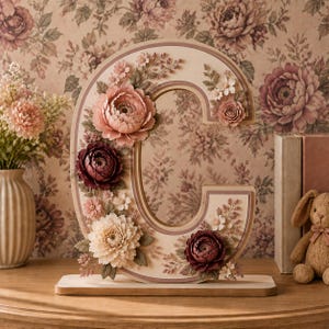 Può includere: Una lettera C decorativa autoportante con una base color crema e bordi stratificati nelle tonalità del malva e del rosa. La lettera è decorata con una composizione di fiori artificiali di varie dimensioni, inclusi fiori rosa, bordeaux e bianchi.