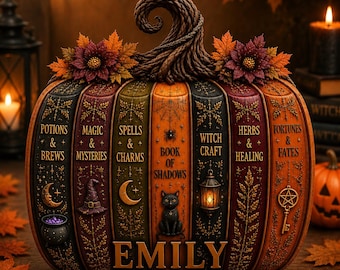 Personalized Witch Book Pumpkin Wooden Block, Halloween Fantasy Library Decor, Book Lover Gift, Autumn Tiered Tray Decoration