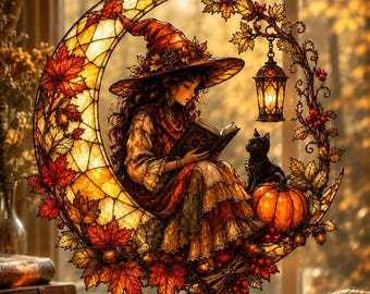 Autumn Witch Suncatcher, Crescent Moon Stained Glass Window Hanging, Black Cat Pumpkin Decor, Cozy Fall Witchy Home Gift