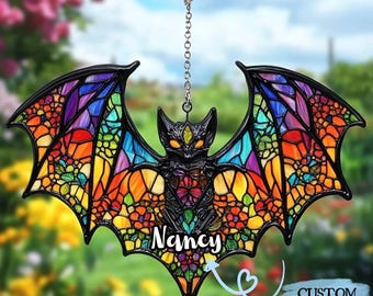 Rainbow Floral Bat Acrylic Suncatcher – Gothic Faux Stained Glass Window Hanging Gift For Witchy Friend