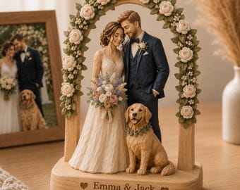 Personalized Wooden Wedding Cake Topper With Dog, Custom Bride Groom Figurine, Rustic Anniversary Gift, Engraved Couple Keepsake