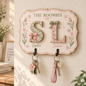 May include: A wall-mounted wooden key holder with a cream background, featuring the text THE ROOMIES, the names Sophia and Lauren, and large 3D letters S and L decorated with floral patterns and bows. Two black metal hooks hold keychains.
