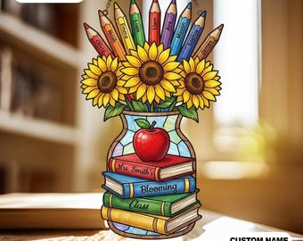 Personalized Teacher Sunflower Pencil Acrylic Suncatcher, Custom Classroom Decor, End Of Year Thank You