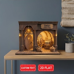 May include: A miniature wooden cottage with a heart-shaped door, lit interior, and the sign "Emily's Weaver Cottage." The cottage features a spinning wheel, chair, and baskets. The structure is brown with warm lighting, creating a cozy, inviting scene.