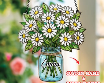 Custom Daisy Birth Flower Acrylic Suncatcher - Personalized Mason Jar Floral Window Hanging Decor