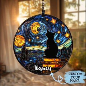 Starry Night Cat Round Stained Glass Suncatcher – Celestial Window Hanging Decor – Gift for Art Lovers, Cat Moms, and Star Gazers image 1