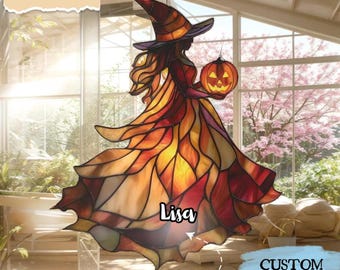 Halloween Witch Acrylic Suncatcher, Faux Stained Glass Window Hanging, Pumpkin Lantern Decor, Spooky Autumn Gift For Magic Lover