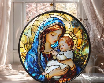 Virgin Mary Acrylic Suncatcher - Faux Stained Glass Round Window ...