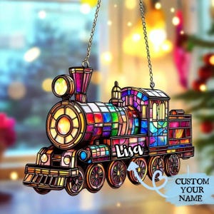 Steam Train Acrylic 2D Flat Suncatcher, Locomotive Faux Stained Glass Window Hanging, Railroad Decor Gift For Train Lovers