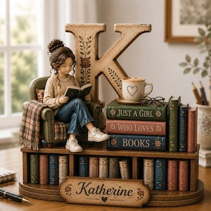 Può includere: Un espositore decorativo in legno con una grande lettera K, una statuetta che legge su una poltrona verde e una pila di libri intitolata Just A Girl Who Loves Books. Una targhetta riporta il nome Katherine e una tazza con un cuore è appoggiata.