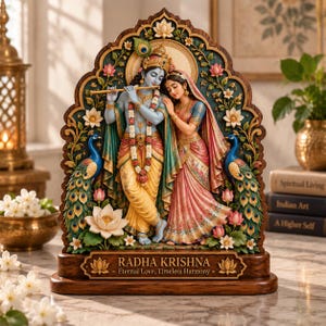 Radha Krishna trädekor, hinduisk andlig väggkonst, gudomlig kärlek hemhelgedomgåva