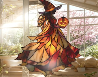 Halloween Witch Acrylic Suncatcher, Faux Stained Glass Window Hanging, Pumpkin Lantern Decor, Spooky Autumn Gift For Magic Lover