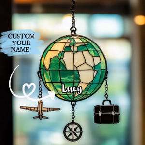 Globo de Aventura ACRÍLICO Vitral Artificial Suncatcher – Avião e Mala de Viagem para Pendurar na Janela Decoração Presente para Explorador