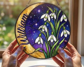 Personalized Snowdrop Moon Suncatcher, Faux Stained Glass Window Hanging, Celestial Art Birth Gift