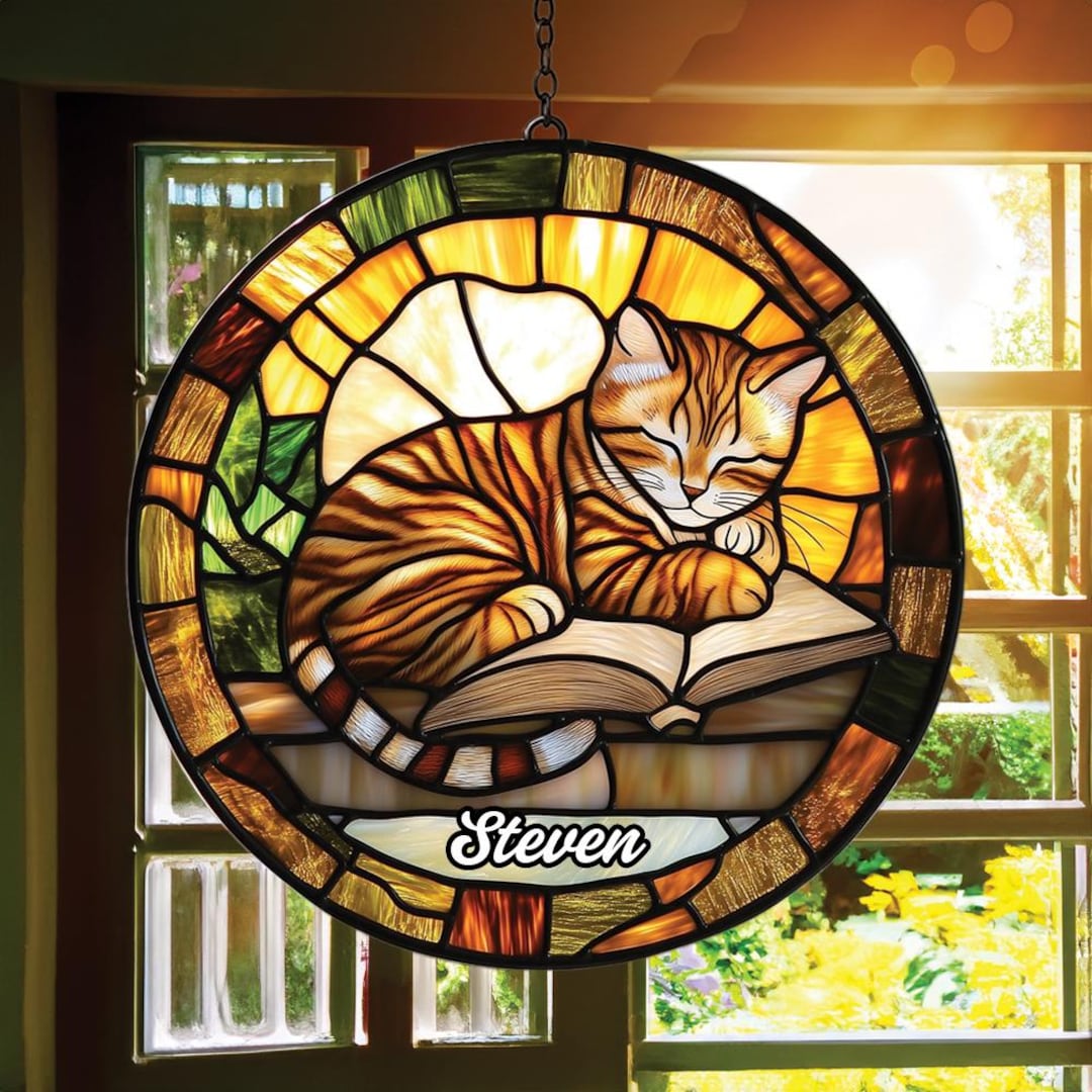 Sleeping Cat Acrylic Suncatcher, Faux Stained Glass Book Window Art ...