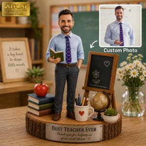 May include: A custom figurine of a teacher in a light blue shirt and dark trousers, holding a book. The base features a metal plaque reading "BEST TEACHER EVER Thank you for helping us grow and bloom". Accessories include a chalkboard, globe, and mug.