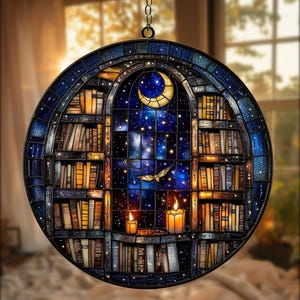 Starry Night Bookshelf Faux Stained Glass Window Suncatcher – Crescent Moon and Candle Decor – Gift for Readers & Book Lovers