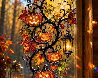 Halloween Pumpkin Acrylic Suncatcher, Faux Stained Glass Pumpkin Window Hanging, Autumn Window Decor, Moon Pumpkin SunCatcher,Halloween Gift