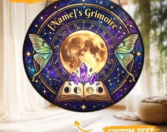 Custom Grimoire Acrylic Suncatcher Faux Stained Glass Zodiac Moon Window Decor Personalized Gift Idea