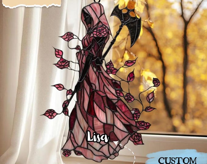 Grim Reaper Acrylic/ ResinSuncatcher – Hooded Scythe Faux Stained Glass Acrylic Window Hanging Halloween Gothic Decor