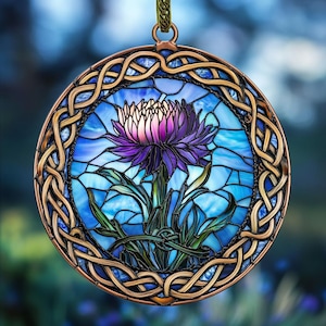 Celtic Thistle ACRYLIC Faux Stained Glass Suncatcher – Scottish Floral Window Hanging, Symbolic Nature Gift, Purple Glass Decor For Her