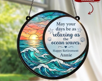 Ocean Sunset Retirement Gift Acrylic Hanging Faux Stained Glass Suncatcher, Personalized Farewell Present