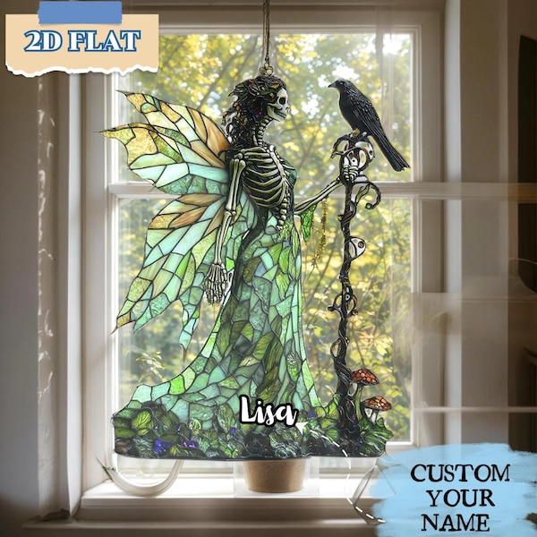 Gothic Forest Skeleton Fairy Acrylic Resin Suncatcher, Green Raven Witch Faux Stained Glass Window Hanging, Halloween Gift For Her