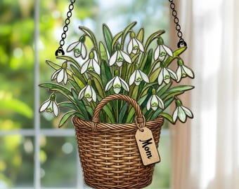 Snowdrop Flower Basket Acrylic Suncatcher - Personalized Mom Gift - Faux Stained Glass Floral Window Hanging